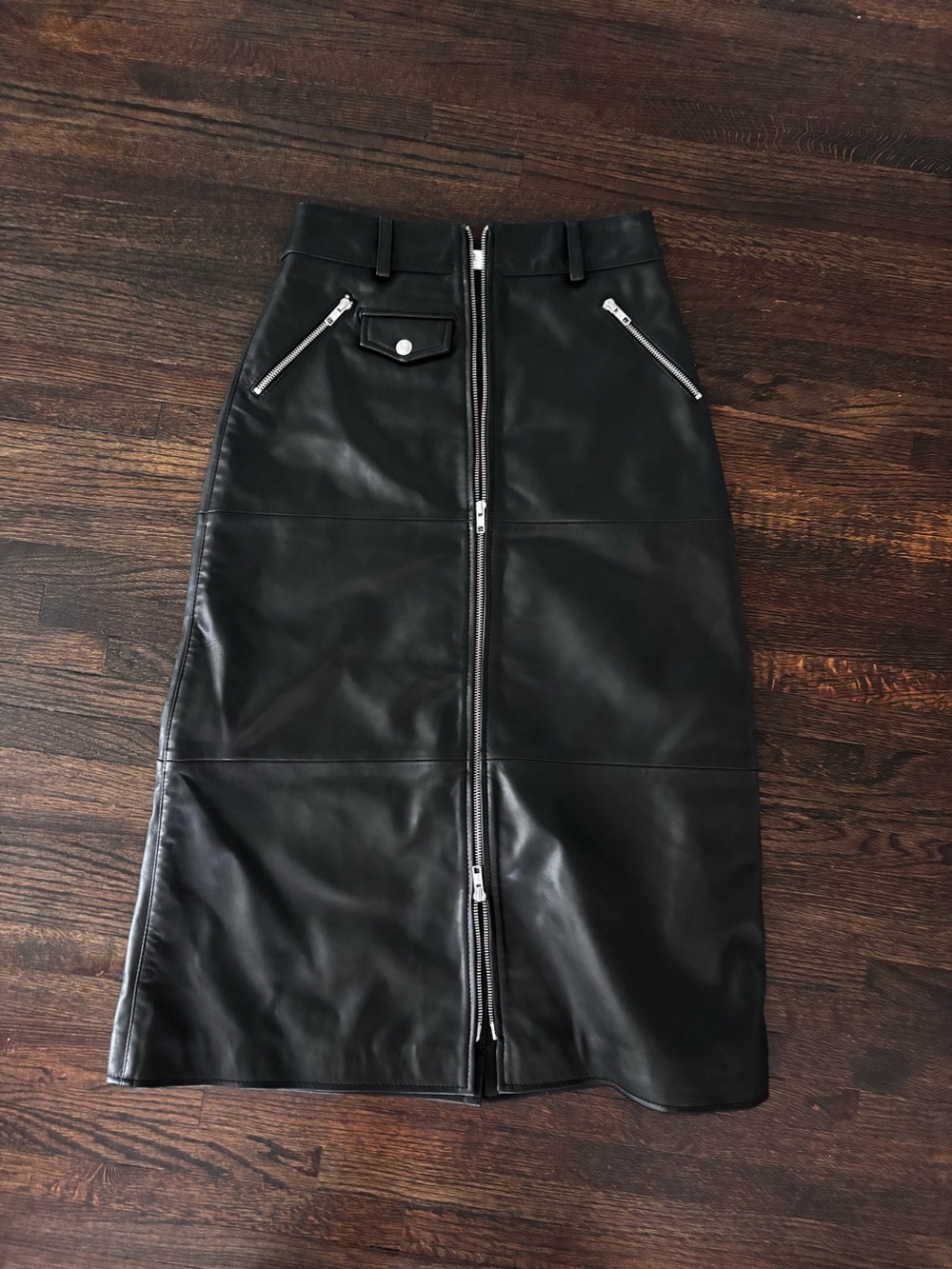 Sea New York Black Lamb Leather Zip-Front Pencil Midi Skirt size 2
